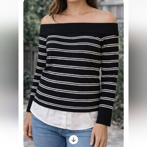 INC International Concepts Petite Off-Shoulder Black & White Striped Top | PM